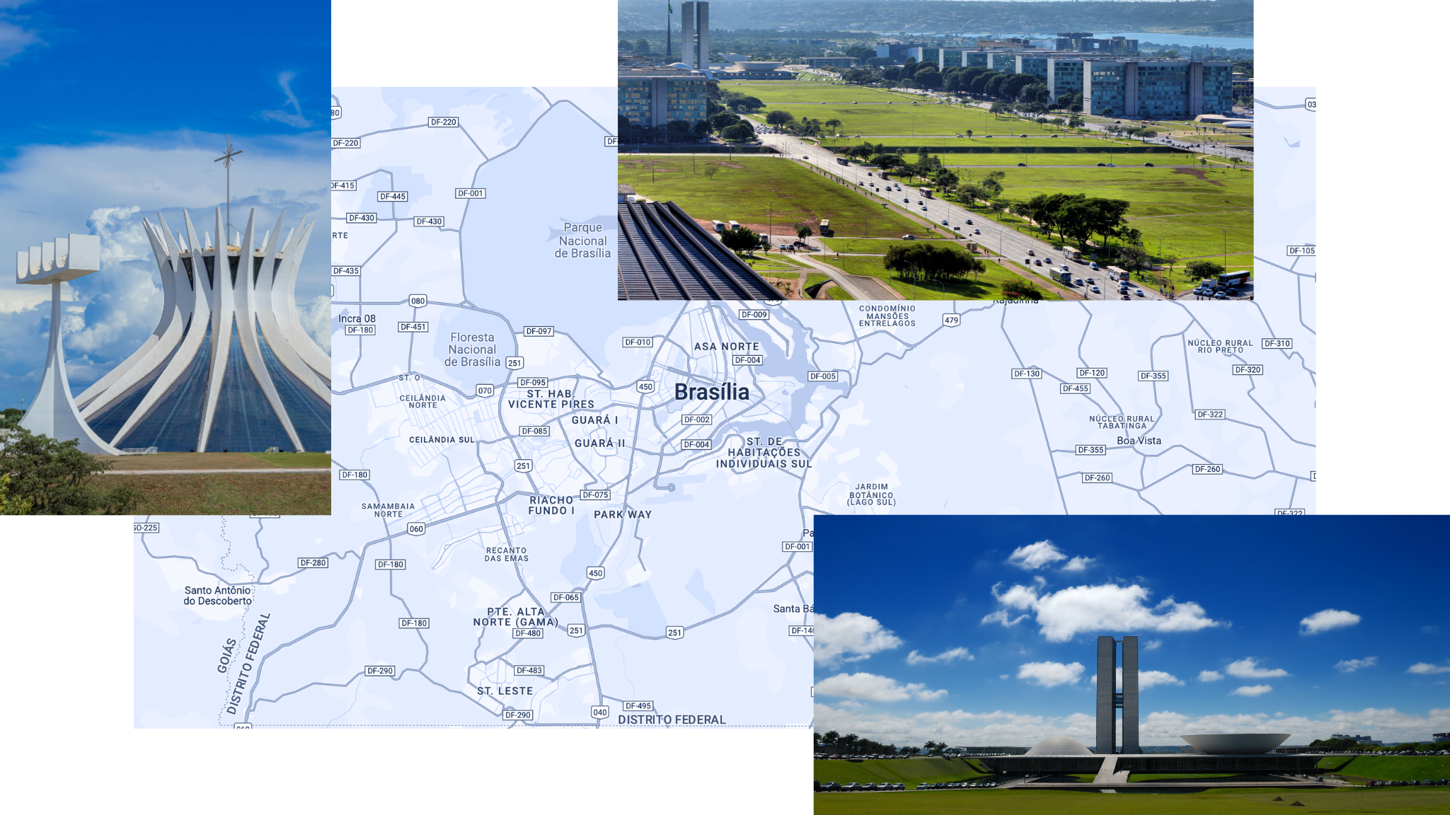 Collage of various landmarks of Brasilia over a map of the city